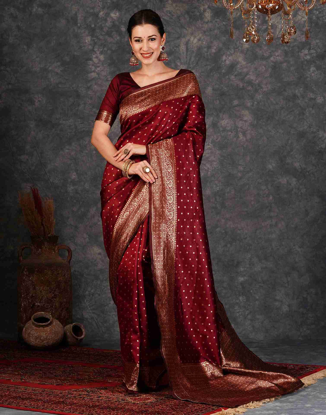 PANNUS Classic Maroon Zari Booti Saree