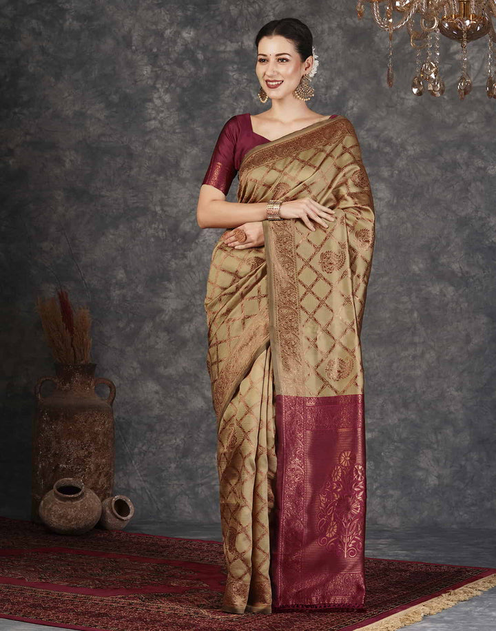 PANNUS Mint & Bronze Trellis Saree