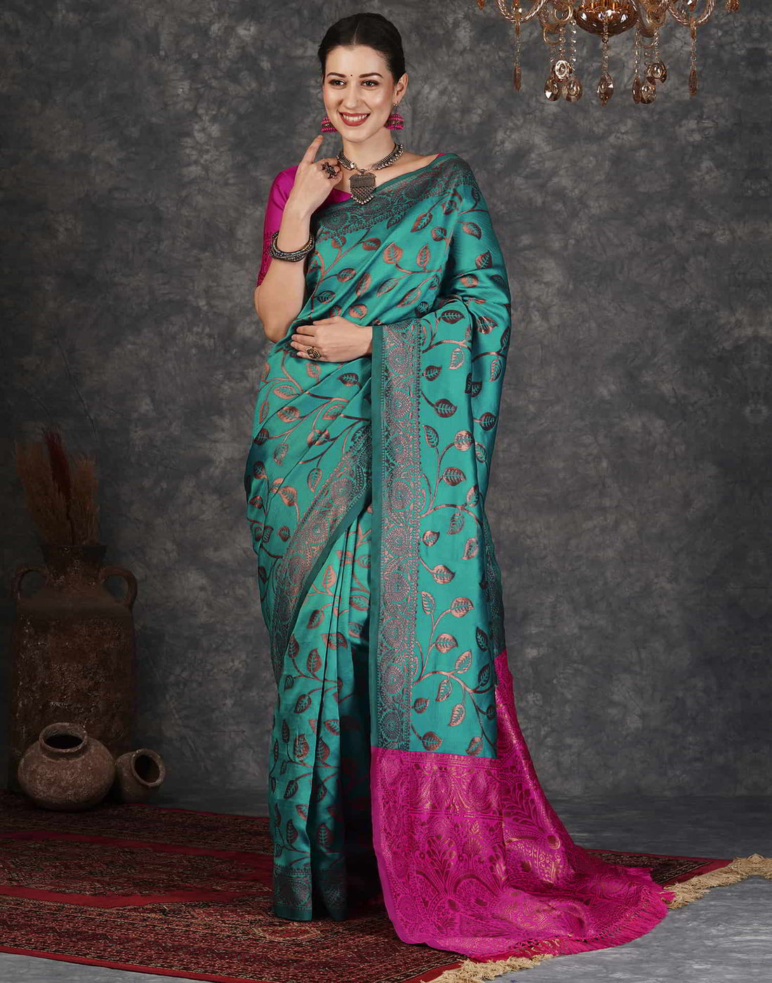 PANNUS Teal & Fuchsia Leaf Saree
