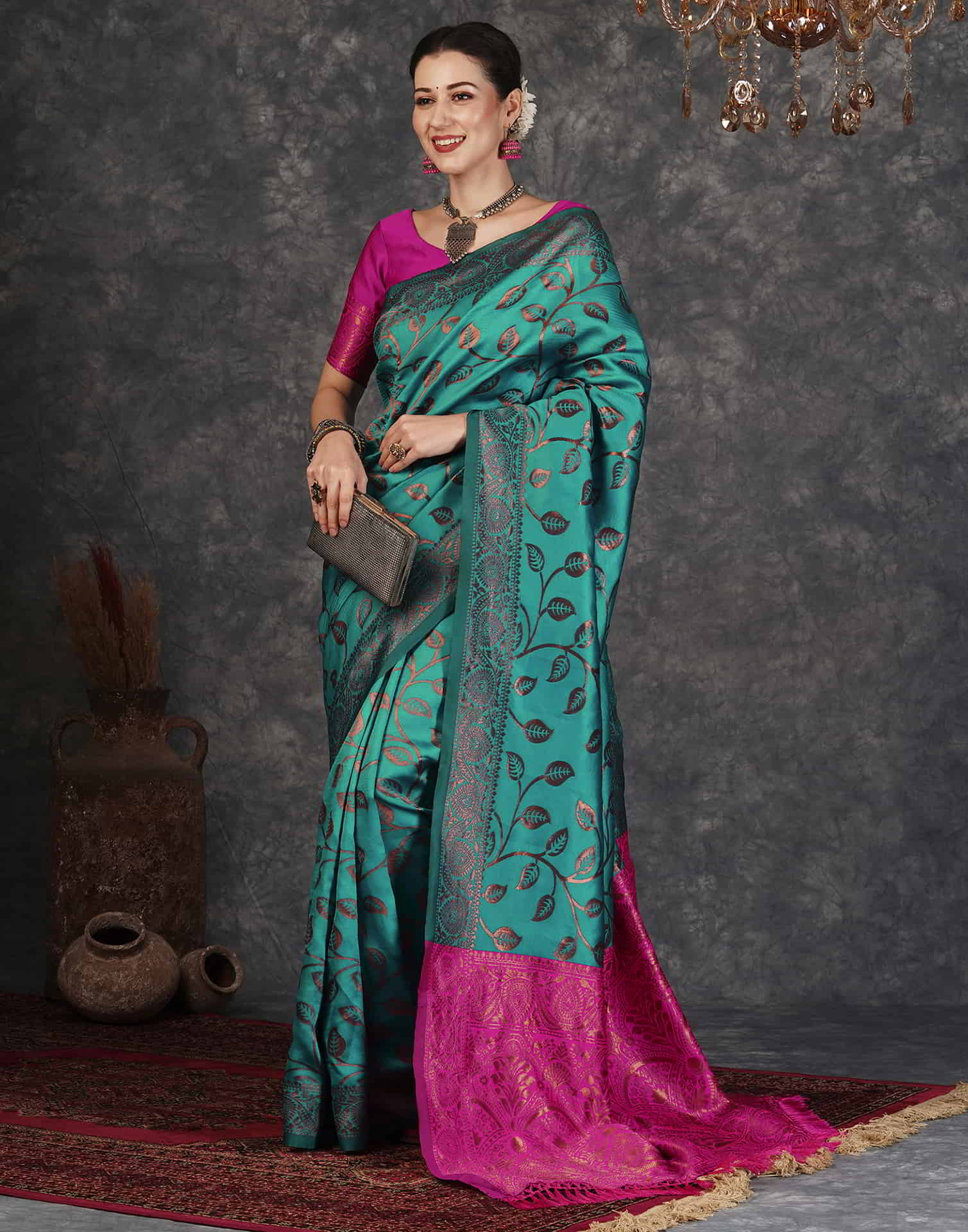 PANNUS Teal & Fuchsia Leaf Saree