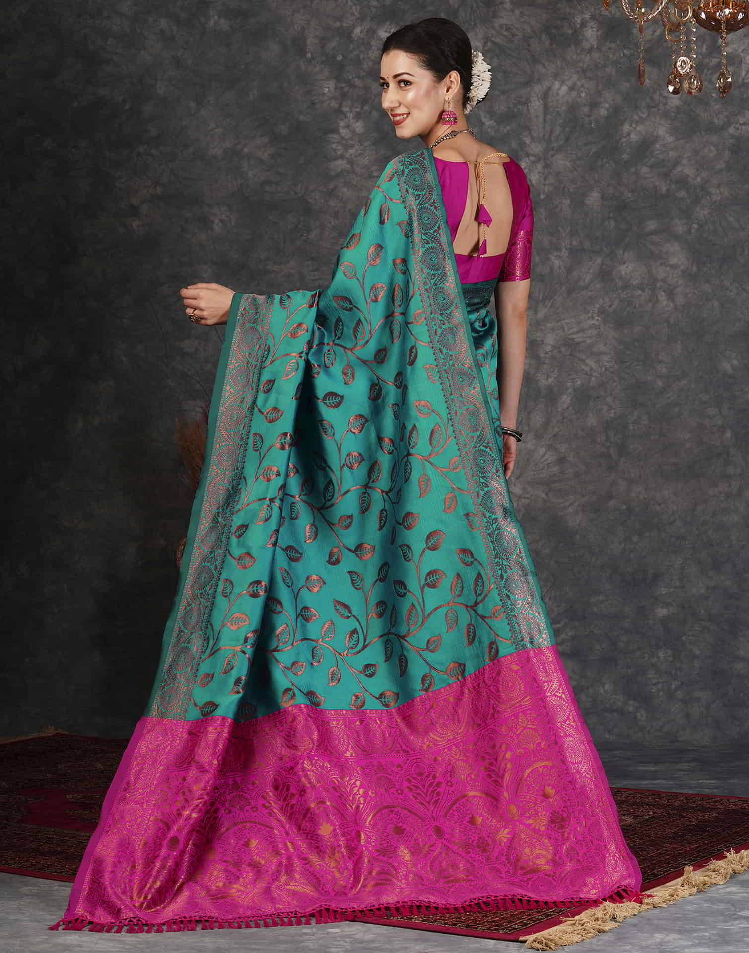 PANNUS Teal & Fuchsia Leaf Saree