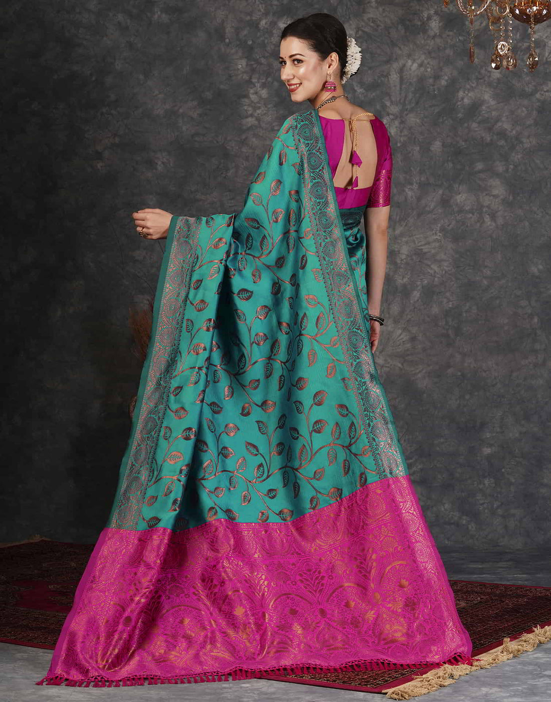 PANNUS Teal & Fuchsia Leaf Saree