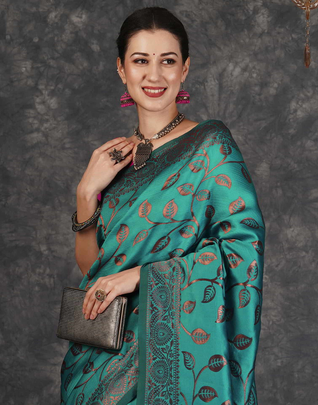 PANNUS Teal & Fuchsia Leaf Saree