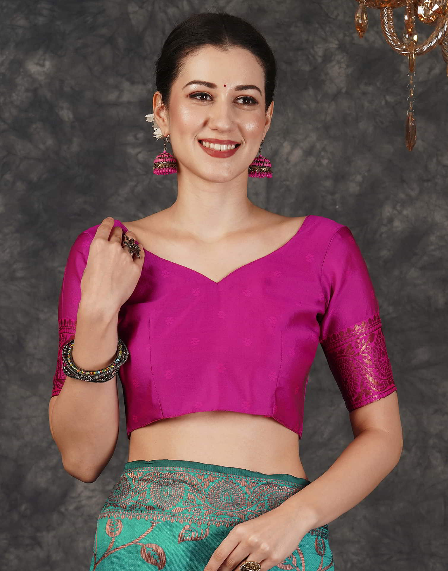 PANNUS Teal & Fuchsia Leaf Saree