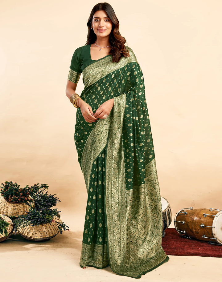 PANNUS Forest Green Zari Saree