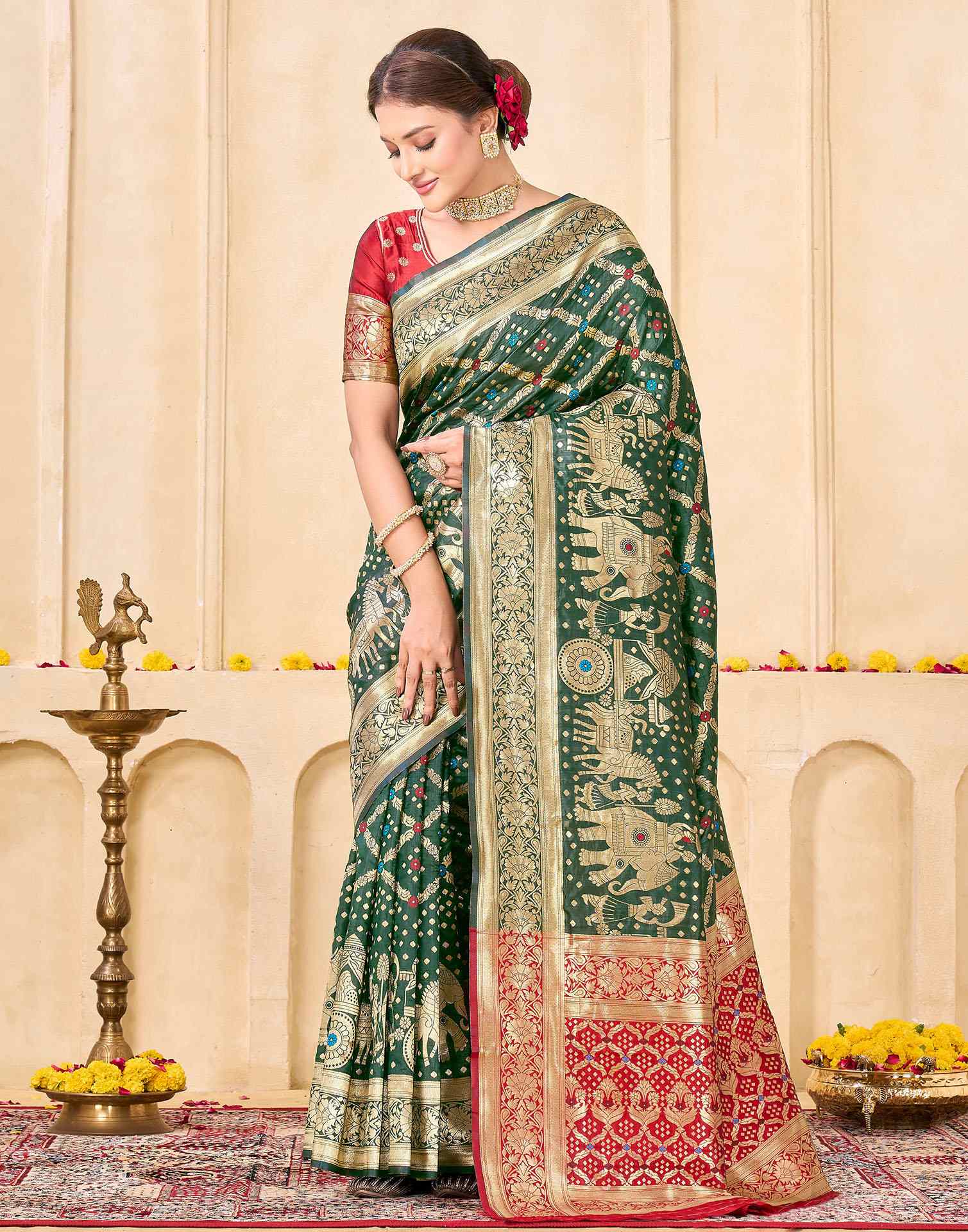 Royal Heritage Banarasi Silk Saree  - Bottle Green with Red and Gold Zari Weaving