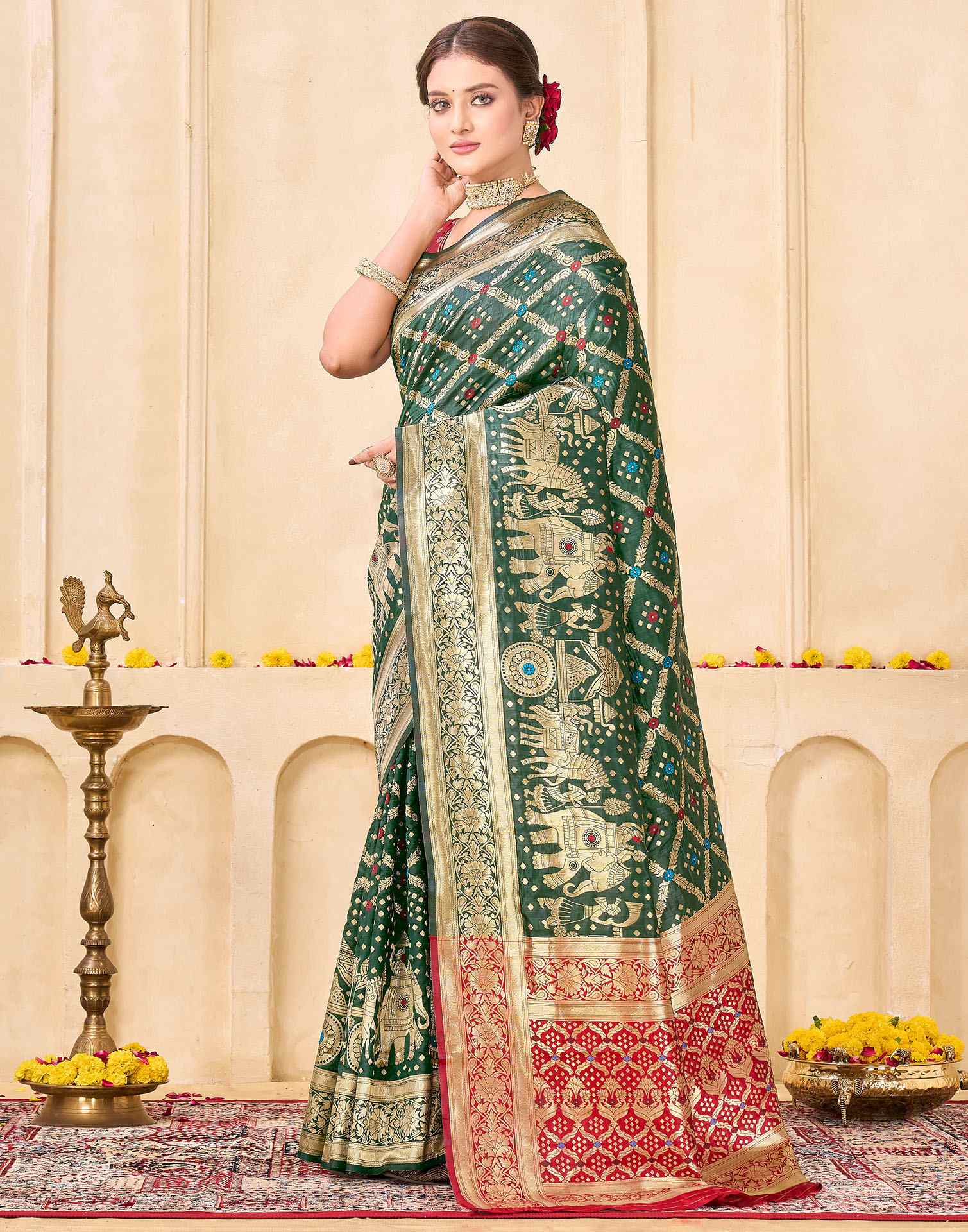 Royal Heritage Banarasi Silk Saree  - Bottle Green with Red and Gold Zari Weaving