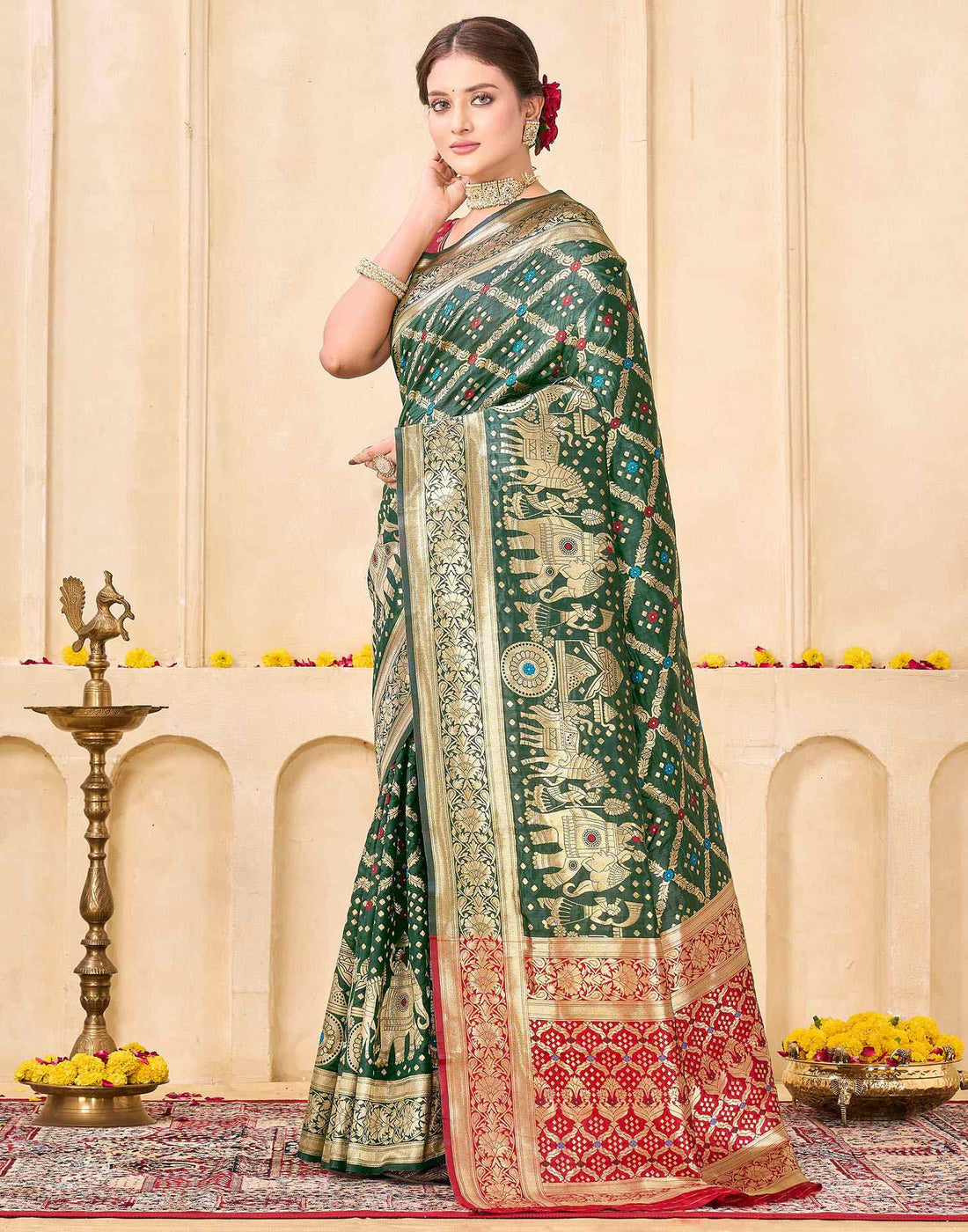 Royal Heritage Banarasi Silk Saree  - Bottle Green with Red and Gold Zari Weaving