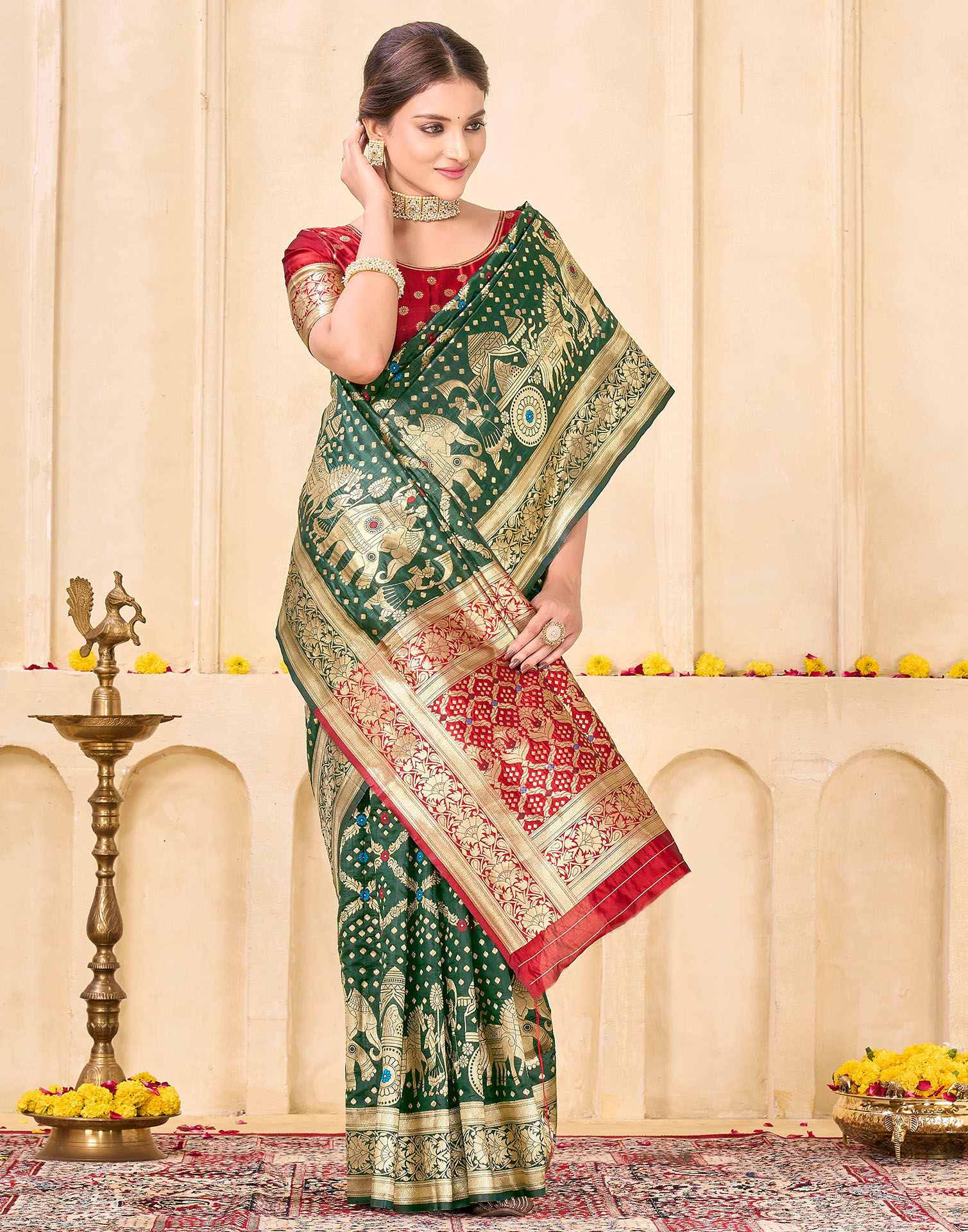 Royal Heritage Banarasi Silk Saree  - Bottle Green with Red and Gold Zari Weaving