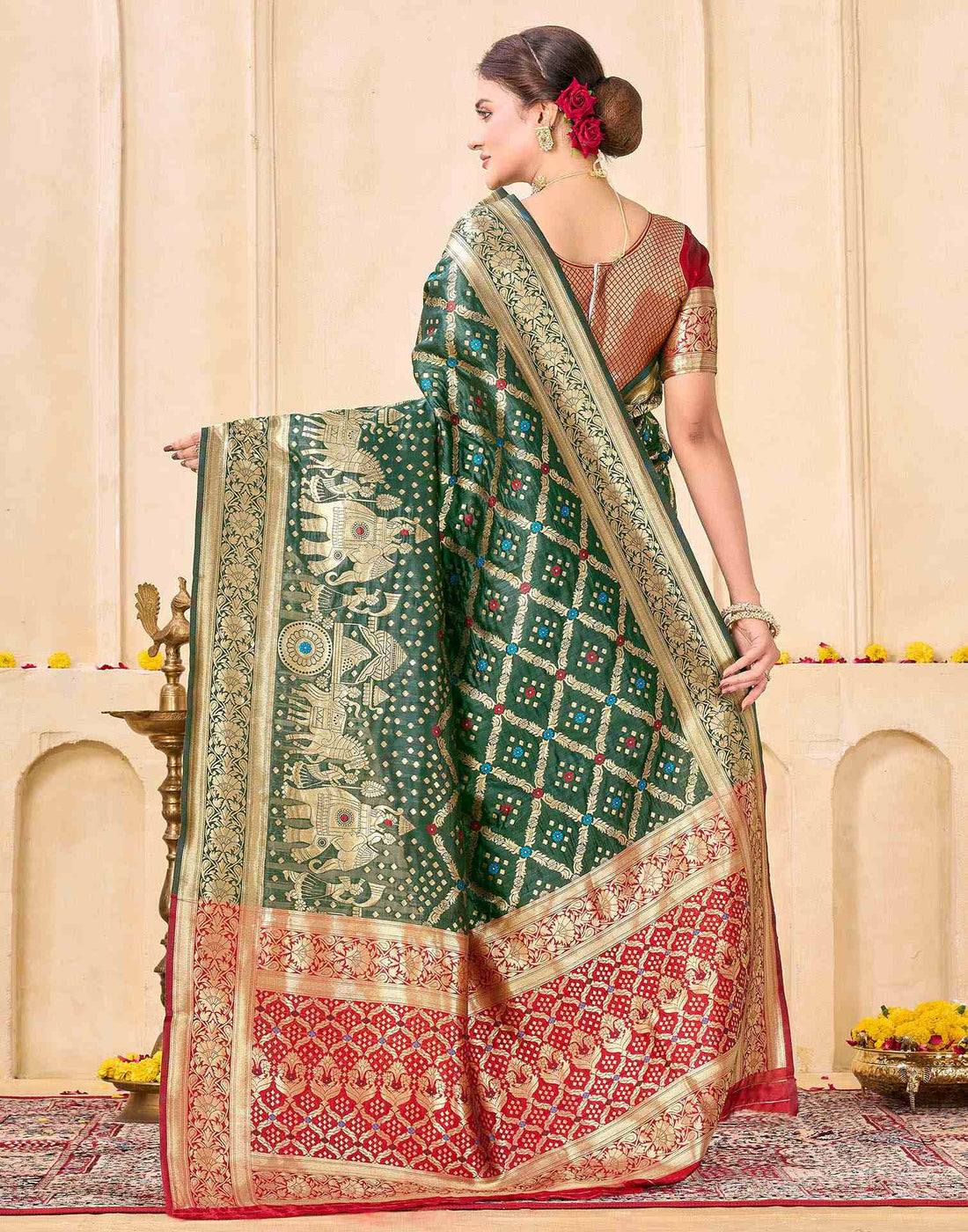 Royal Heritage Banarasi Silk Saree  - Bottle Green with Red and Gold Zari Weaving