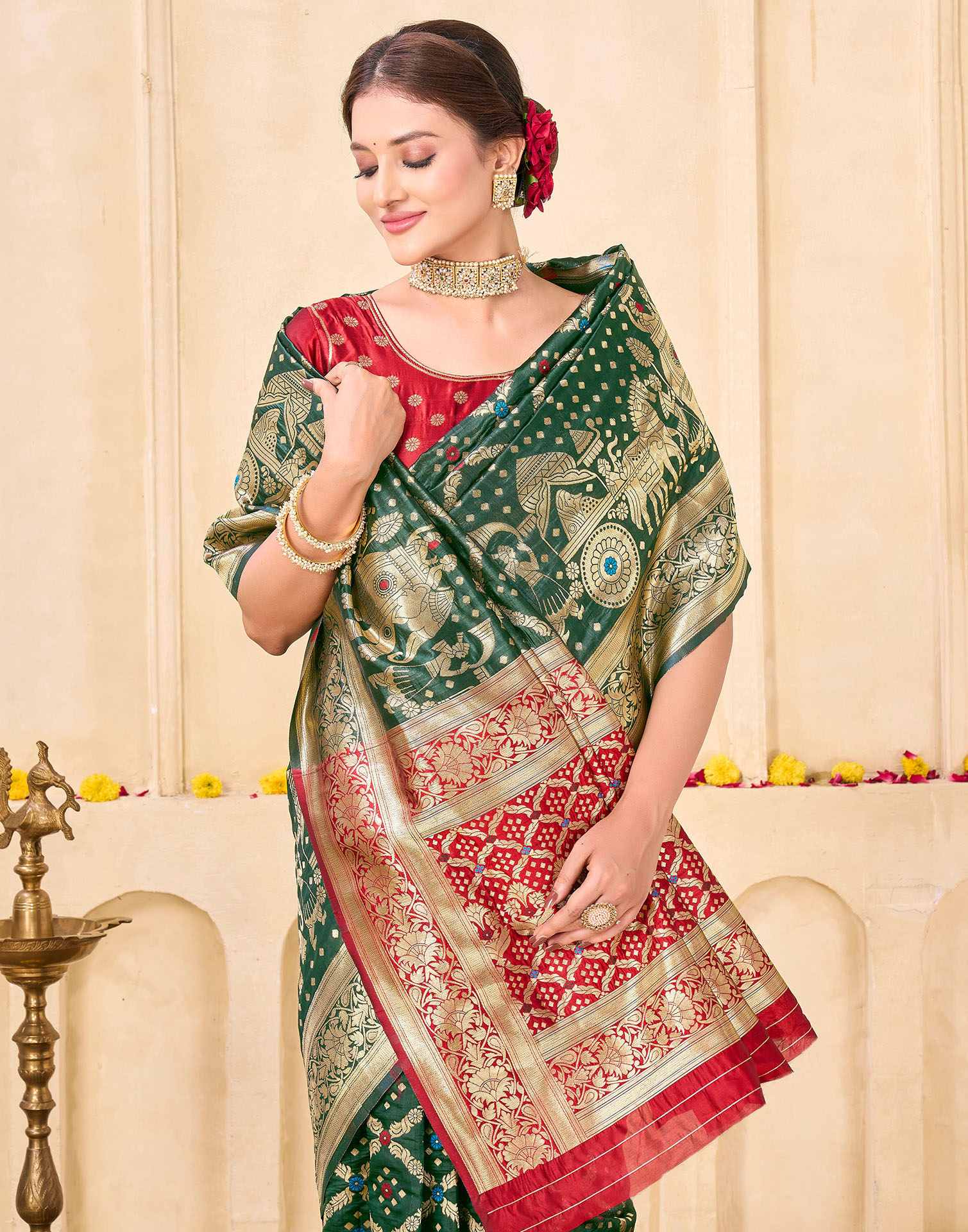 Royal Heritage Banarasi Silk Saree  - Bottle Green with Red and Gold Zari Weaving