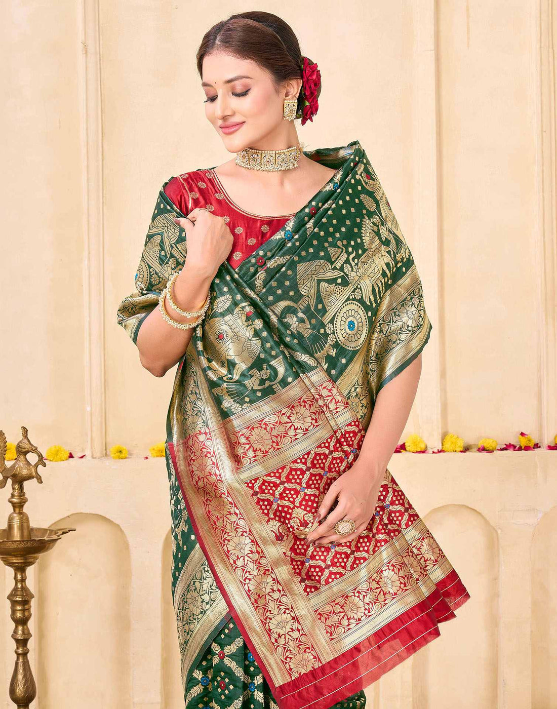 Royal Heritage Banarasi Silk Saree  - Bottle Green with Red and Gold Zari Weaving