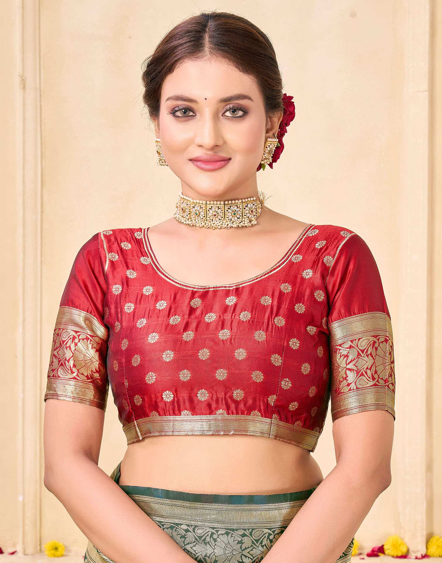 Royal Heritage Banarasi Silk Saree  - Bottle Green with Red and Gold Zari Weaving