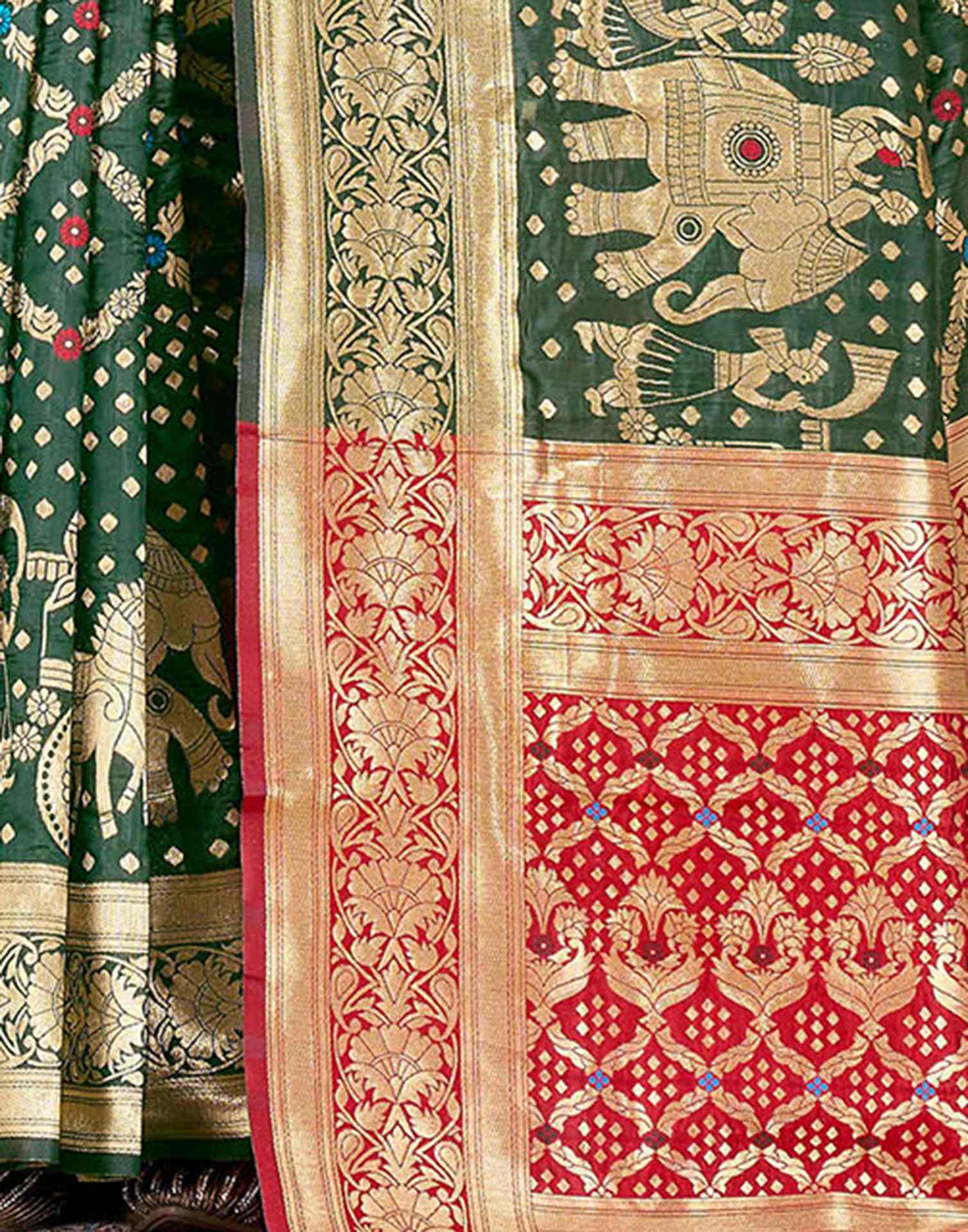 Royal Heritage Banarasi Silk Saree  - Bottle Green with Red and Gold Zari Weaving