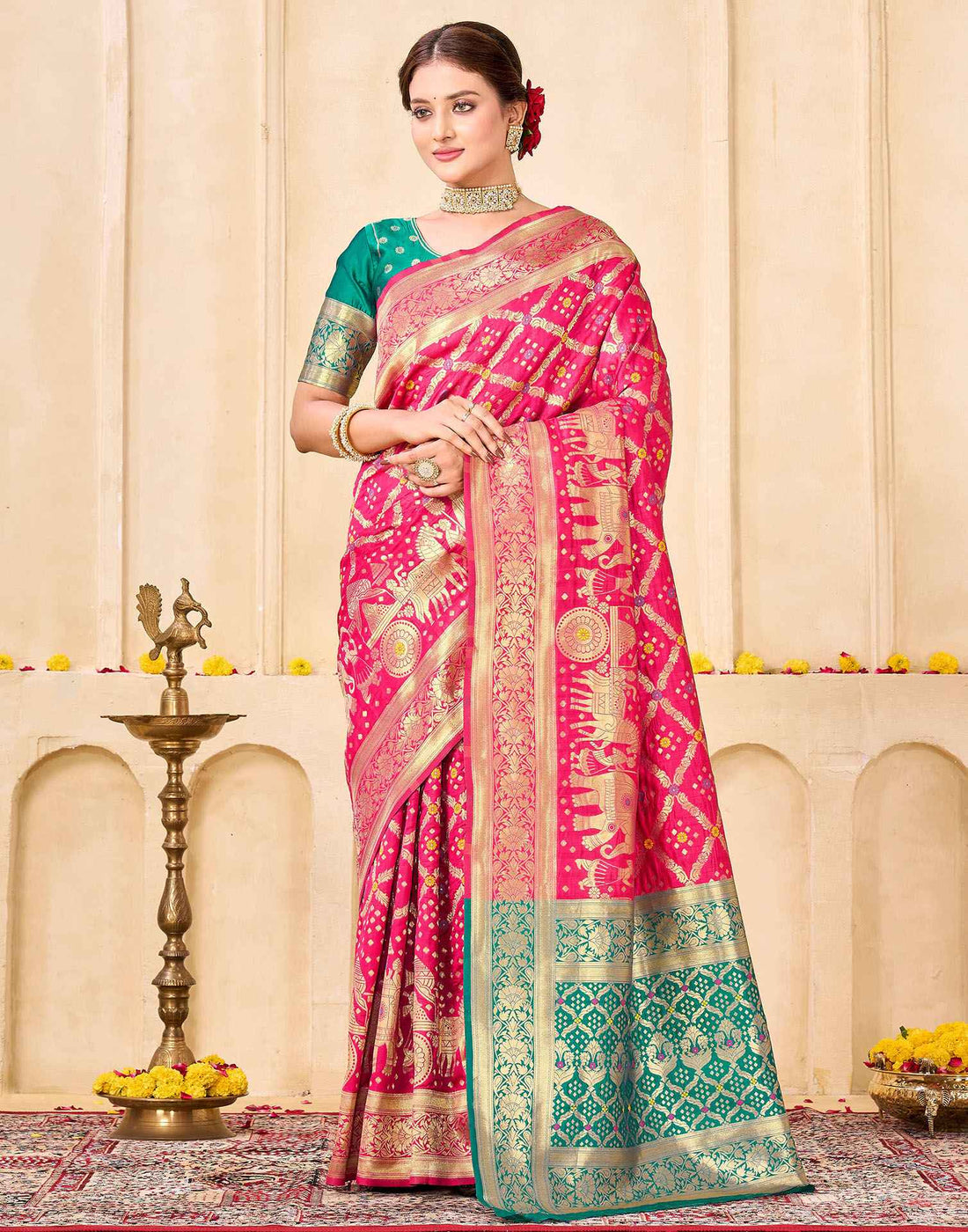 Royal Heritage Banarasi Silk Saree  - Rani Pink & Green Banarasi Silk Saree
