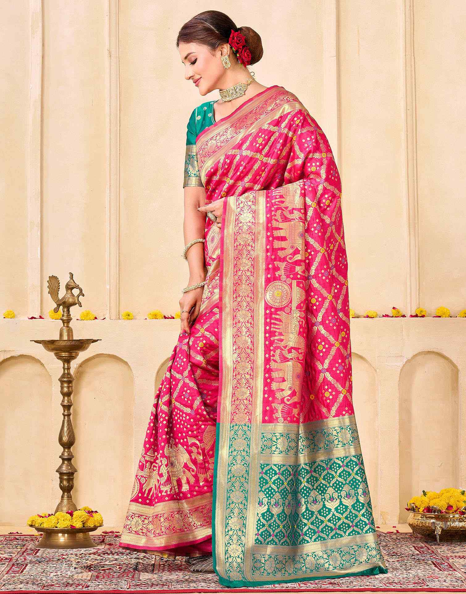 Royal Heritage Banarasi Silk Saree  - Rani Pink & Green Banarasi Silk Saree