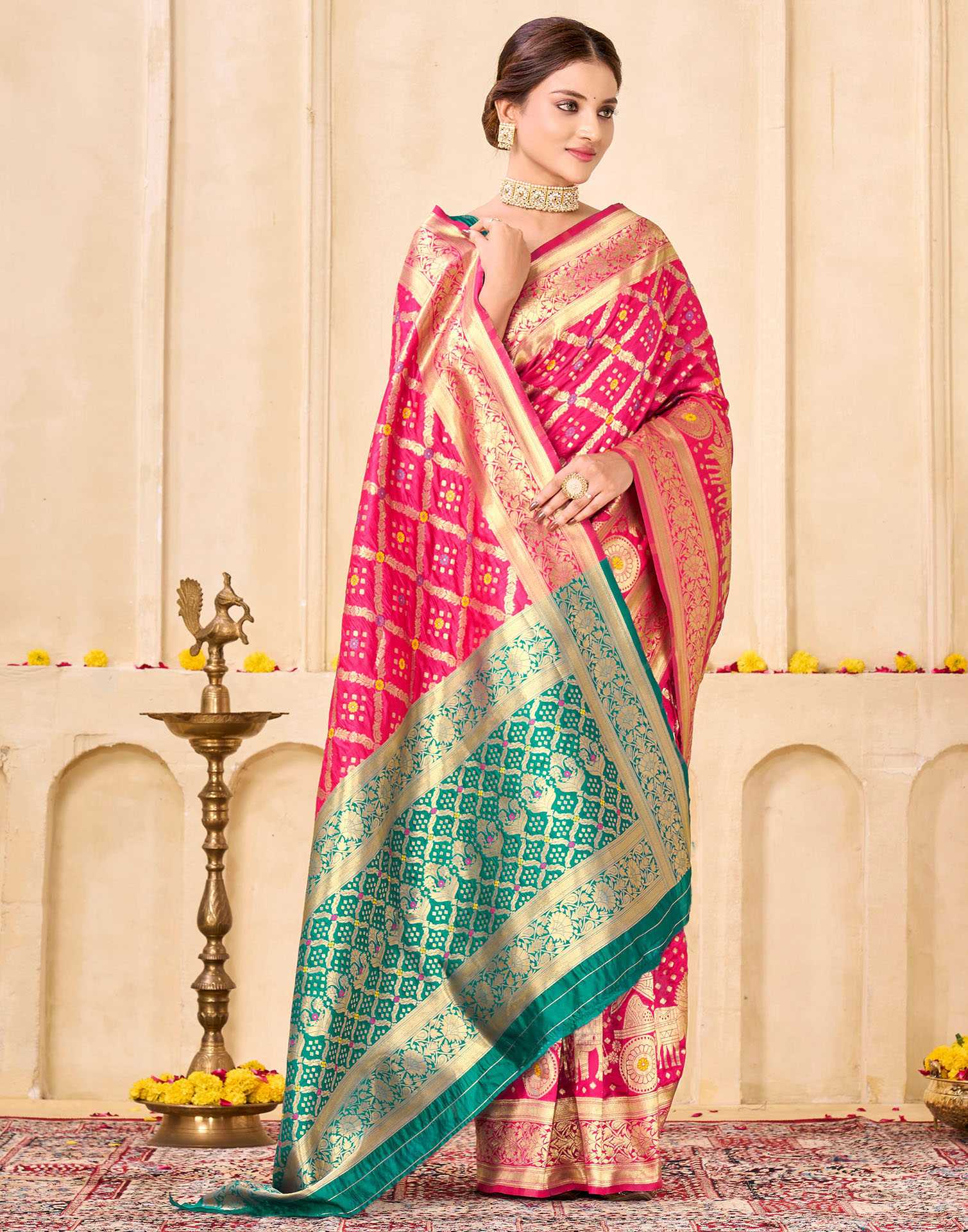 Royal Heritage Banarasi Silk Saree  - Rani Pink & Green Banarasi Silk Saree