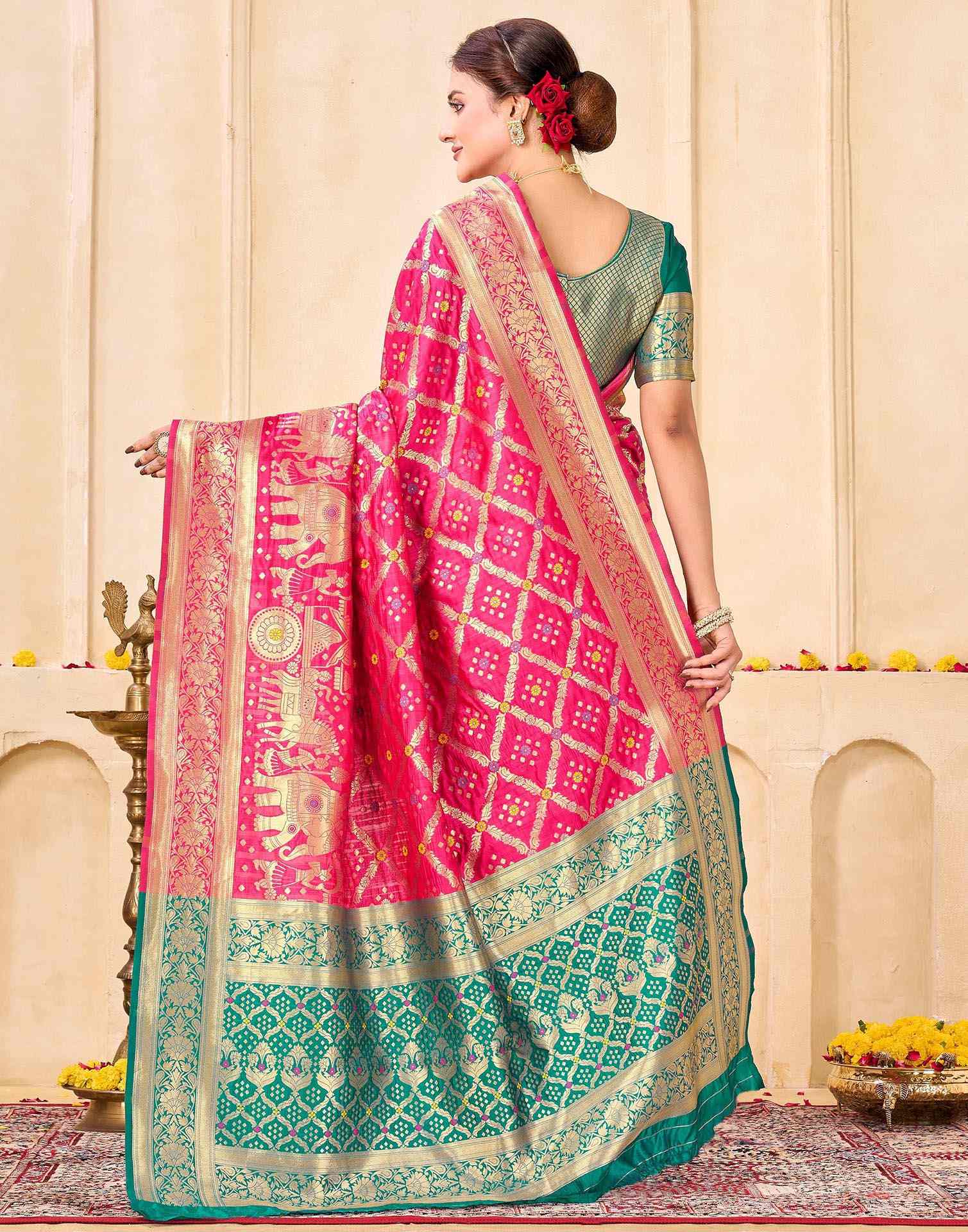 Royal Heritage Banarasi Silk Saree  - Rani Pink & Green Banarasi Silk Saree
