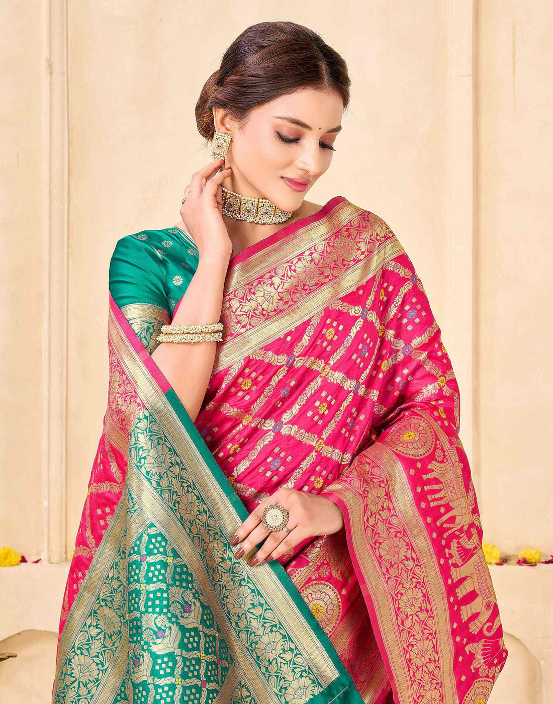 Royal Heritage Banarasi Silk Saree  - Rani Pink & Green Banarasi Silk Saree