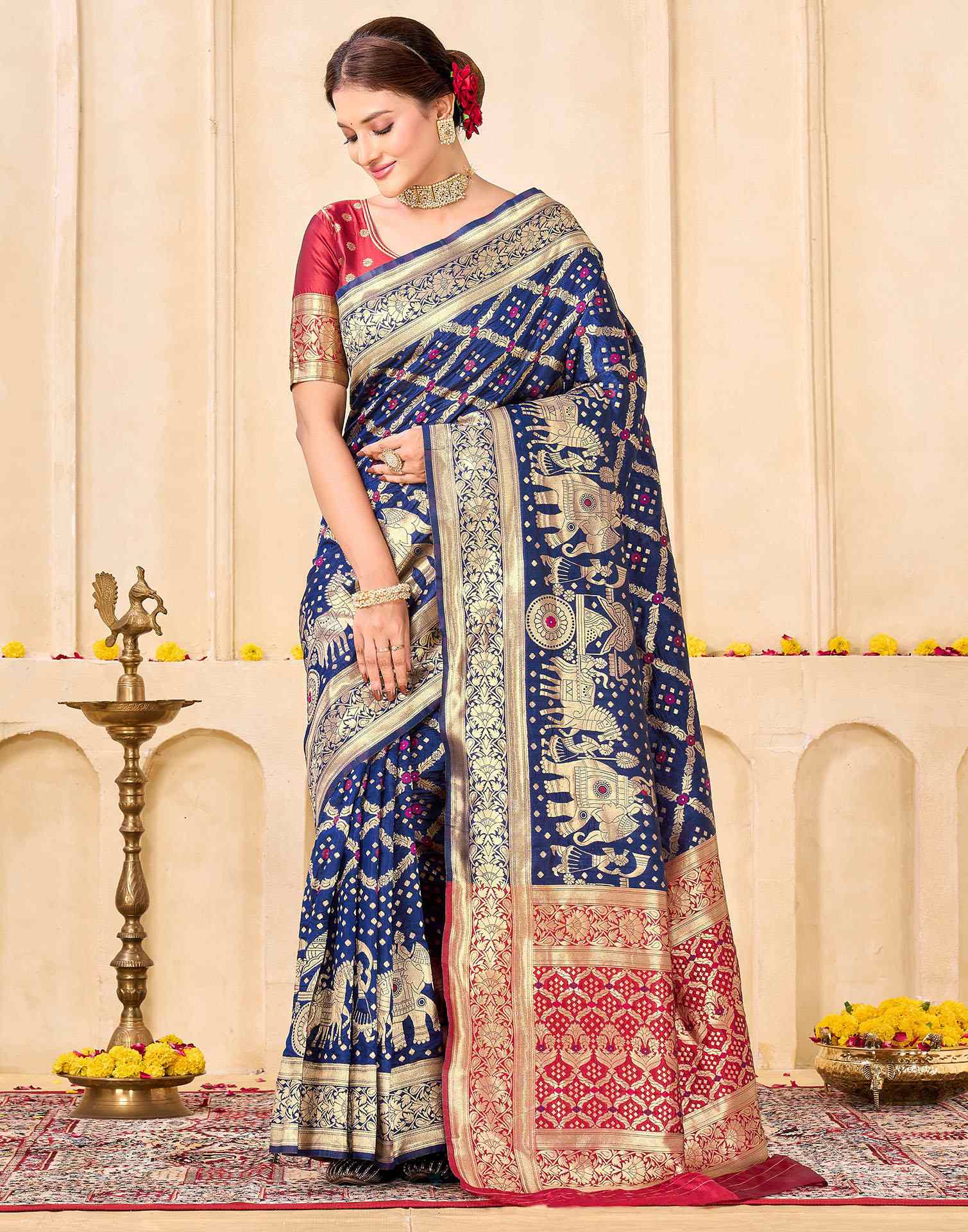 Royal Heritage Banarasi Silk Saree  - Navy Blue & Red Banarasi Silk Saree