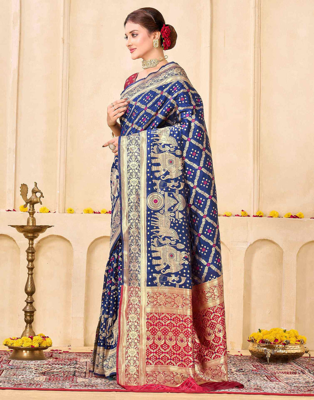 Royal Heritage Banarasi Silk Saree  - Navy Blue & Red Banarasi Silk Saree