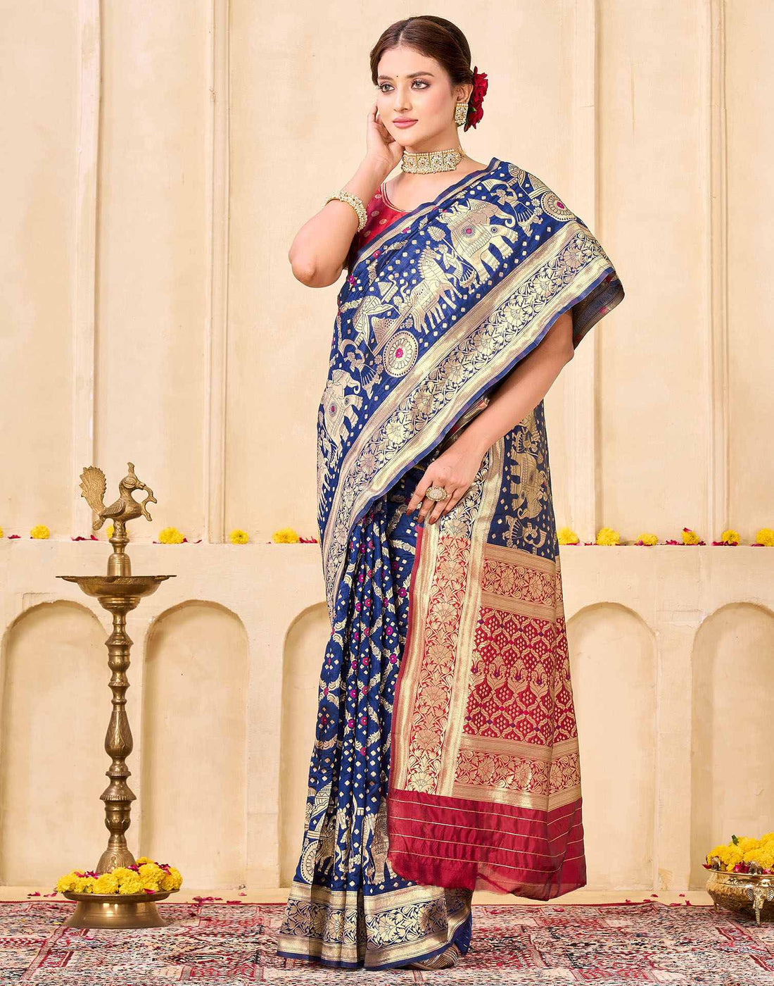 Royal Heritage Banarasi Silk Saree  - Navy Blue & Red Banarasi Silk Saree
