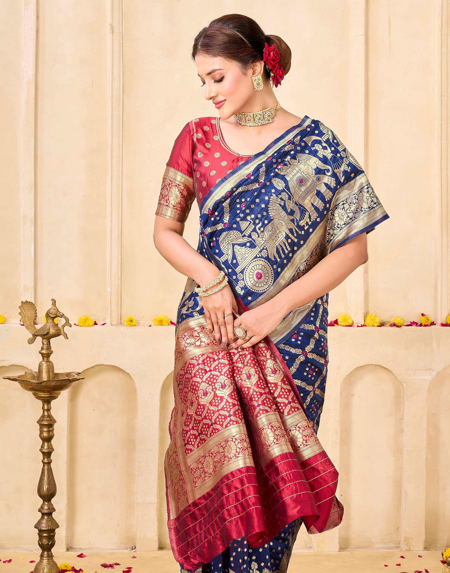Royal Heritage Banarasi Silk Saree  - Navy Blue & Red Banarasi Silk Saree