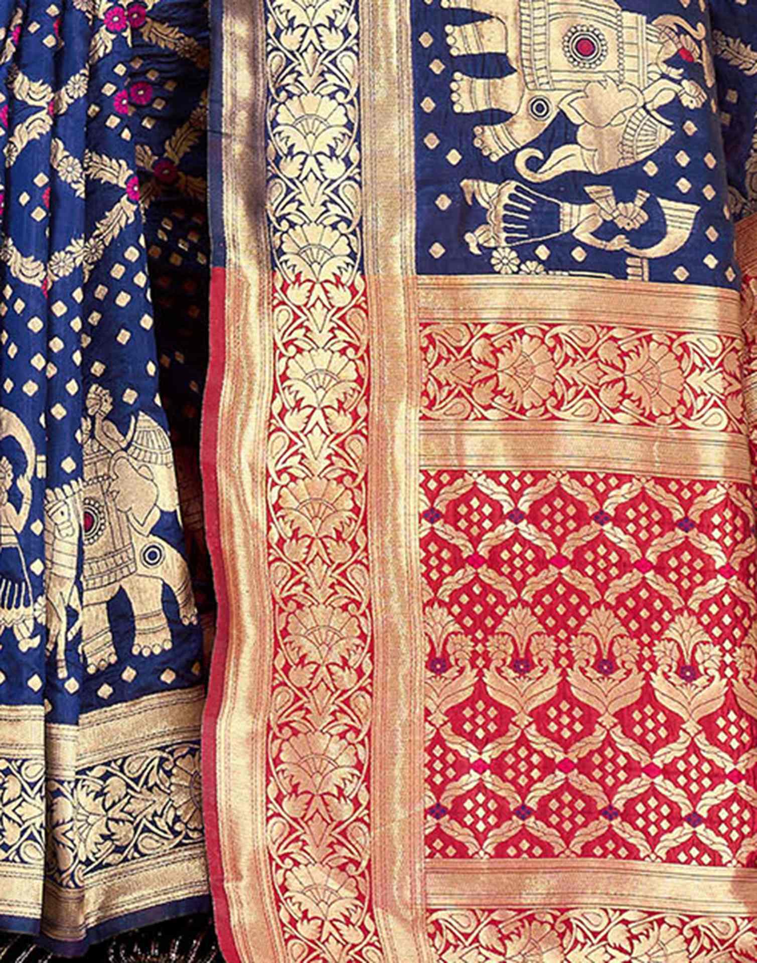 Royal Heritage Banarasi Silk Saree  - Navy Blue & Red Banarasi Silk Saree