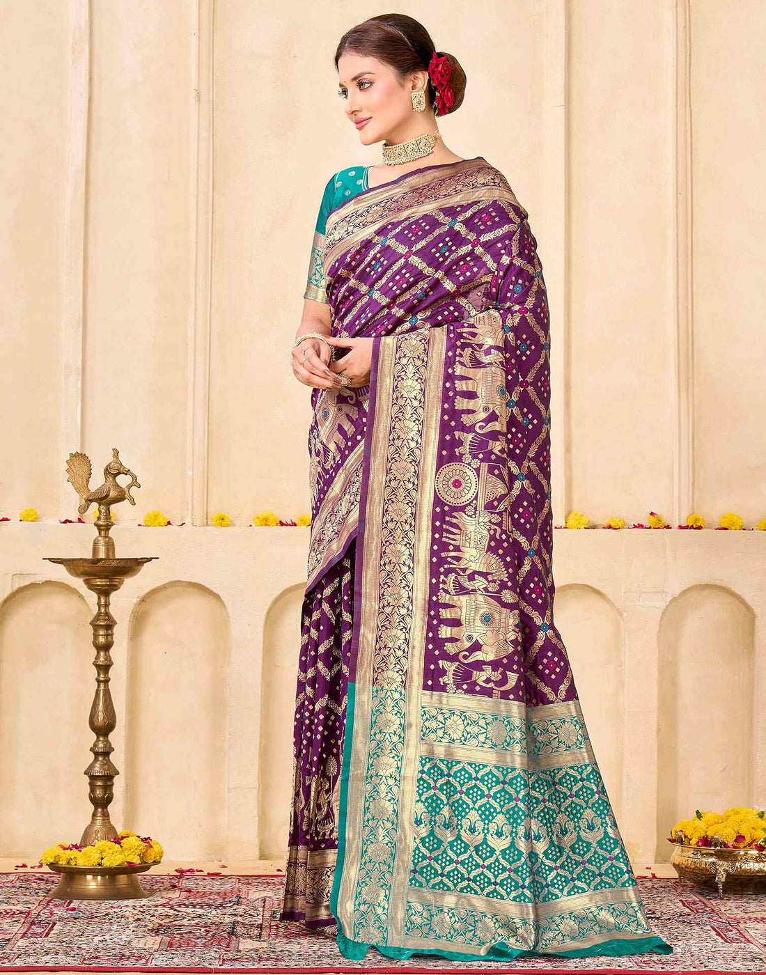 Royal Heritage Banarasi Silk Saree  - Purple & Aqua Green Banarasi Silk Saree