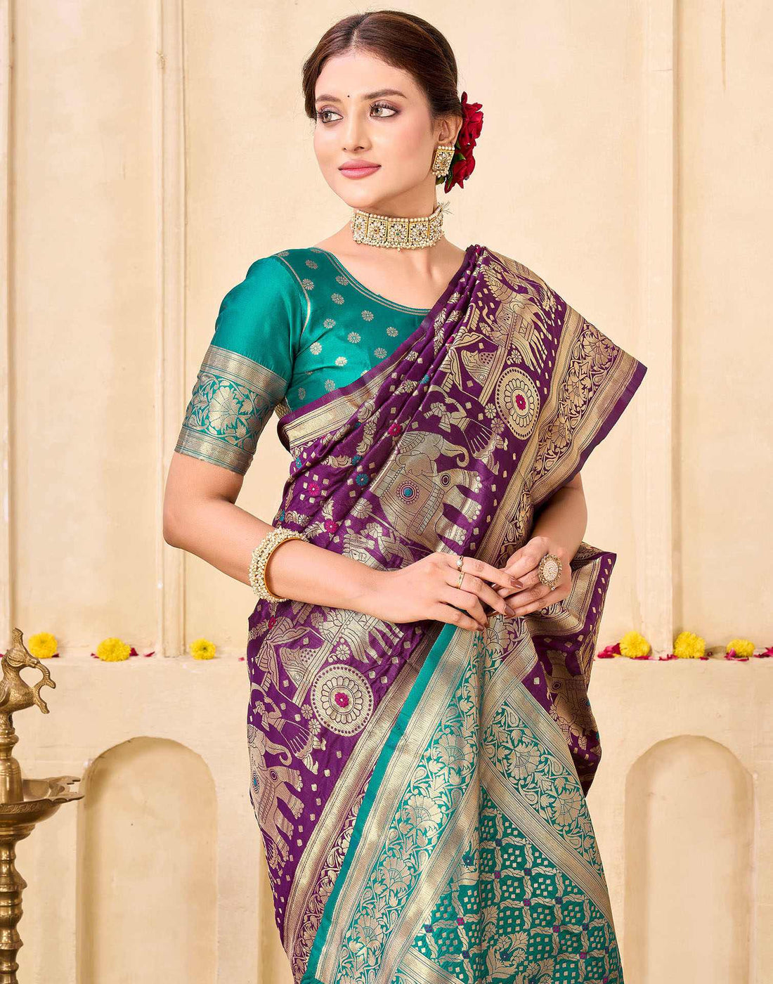 Royal Heritage Banarasi Silk Saree  - Purple & Aqua Green Banarasi Silk Saree