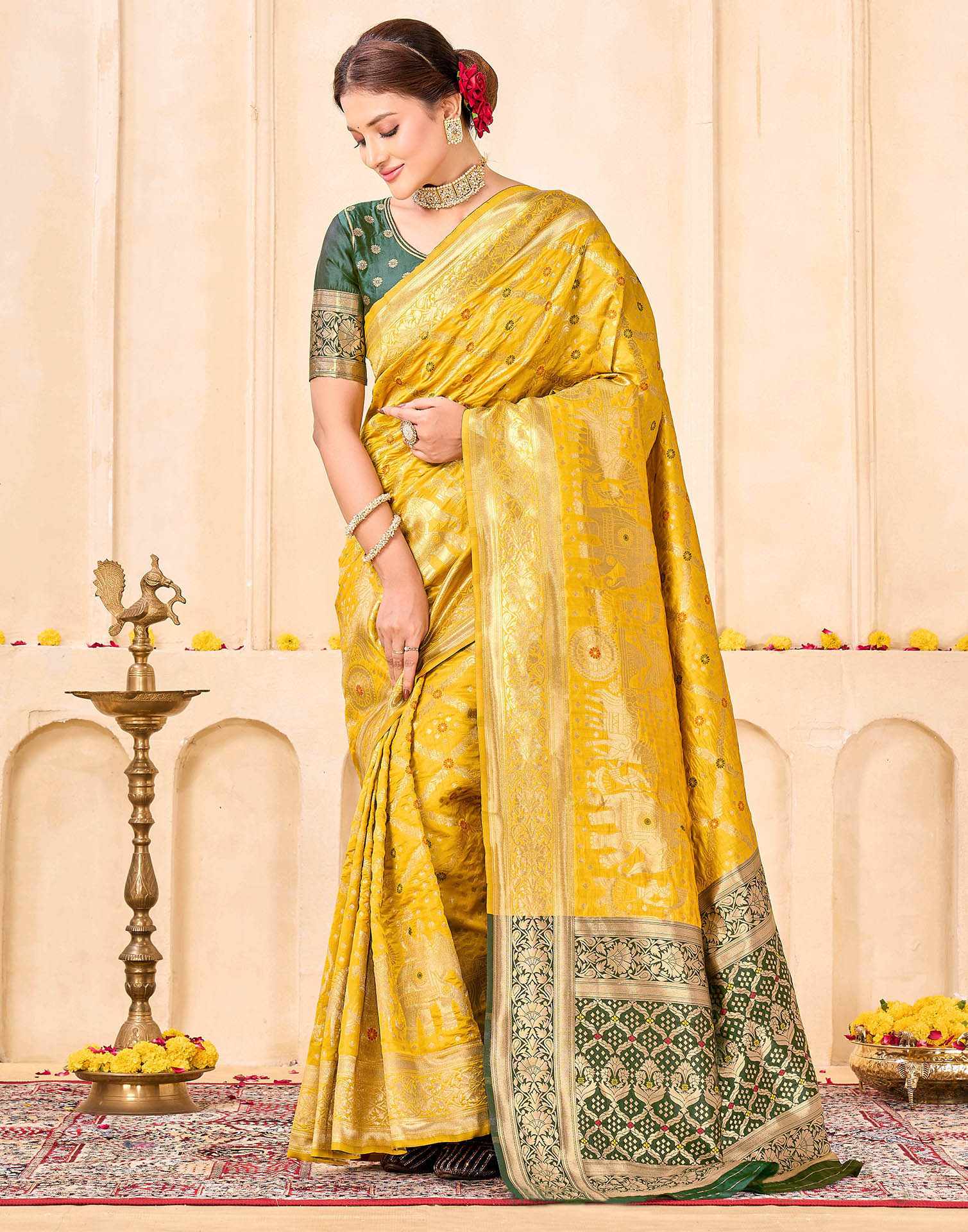 Royal Heritage Banarasi Silk Saree  - Golden Yellow with Green Zari Border