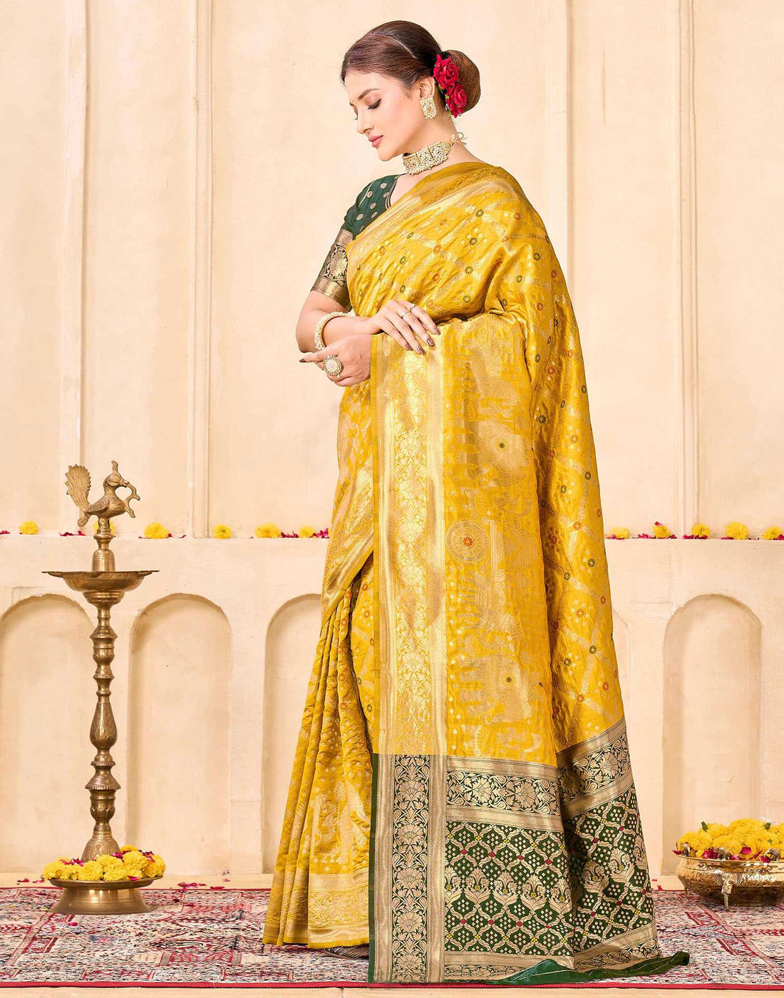 Royal Heritage Banarasi Silk Saree  - Golden Yellow with Green Zari Border