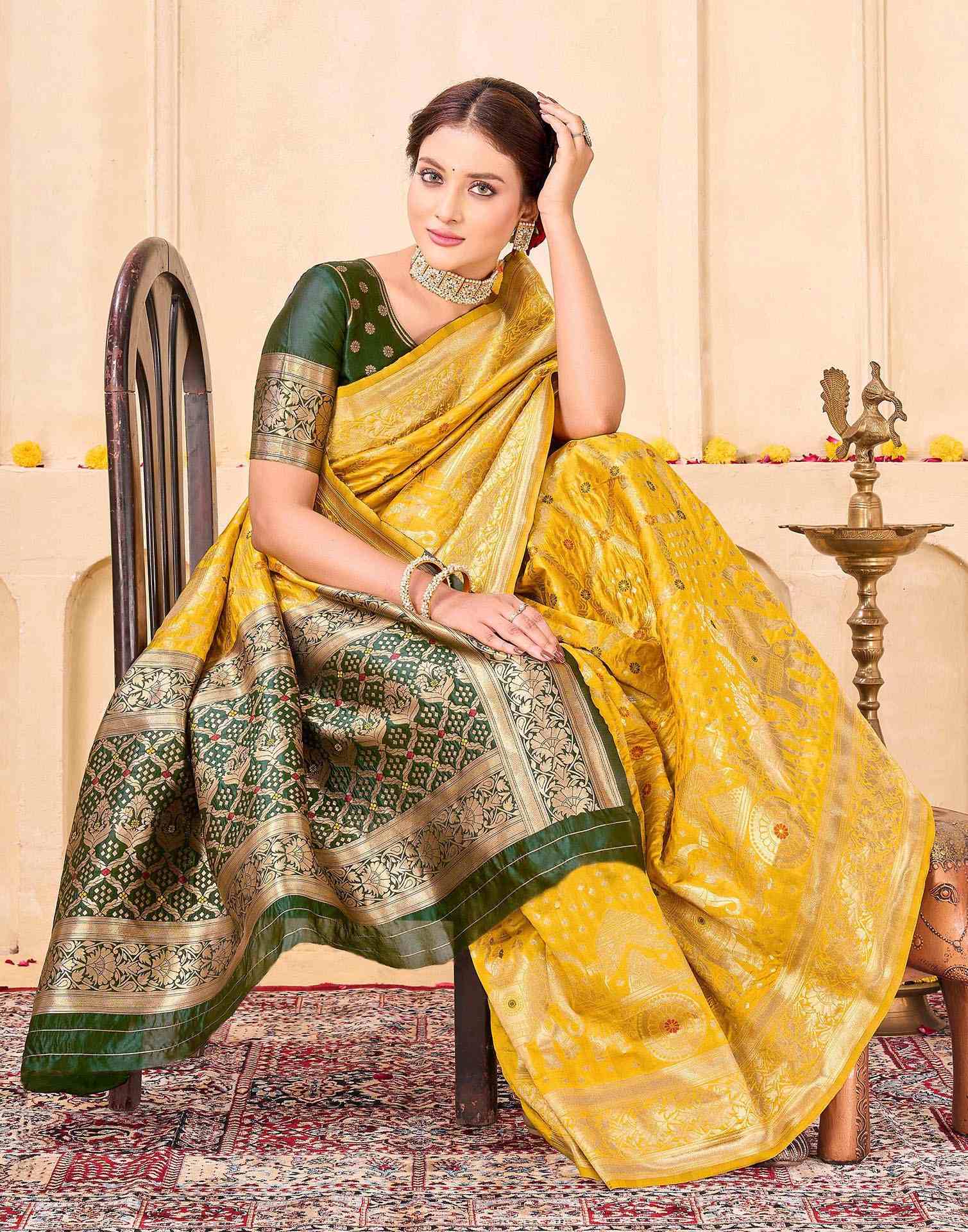 Royal Heritage Banarasi Silk Saree  - Golden Yellow with Green Zari Border