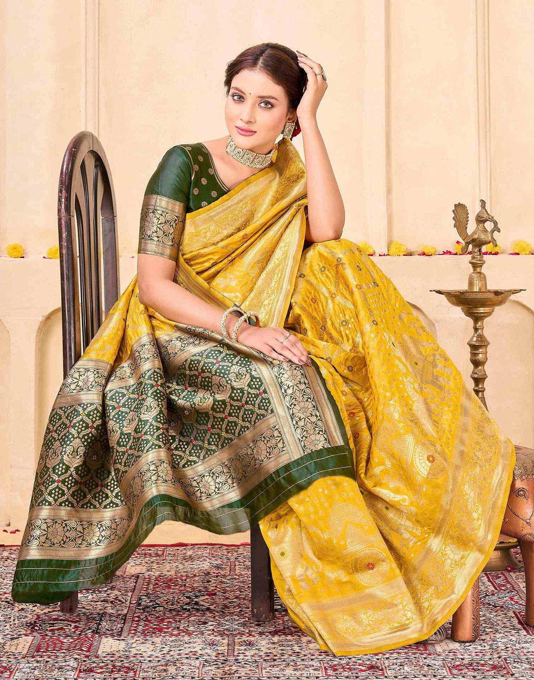 Royal Heritage Banarasi Silk Saree  - Golden Yellow with Green Zari Border
