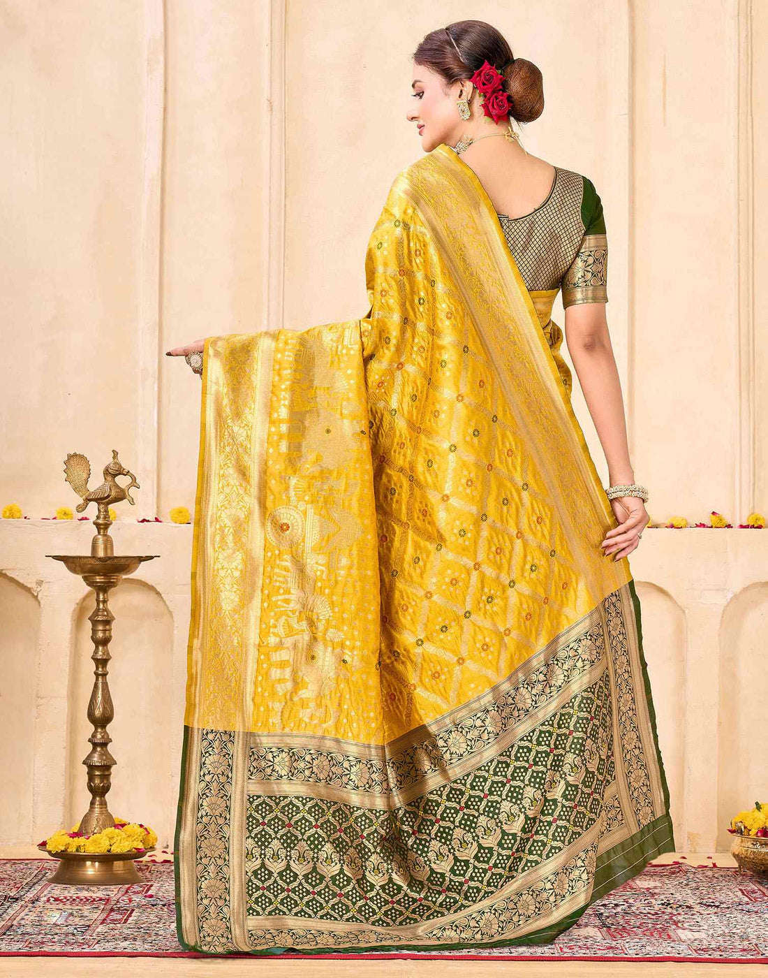 Royal Heritage Banarasi Silk Saree  - Golden Yellow with Green Zari Border
