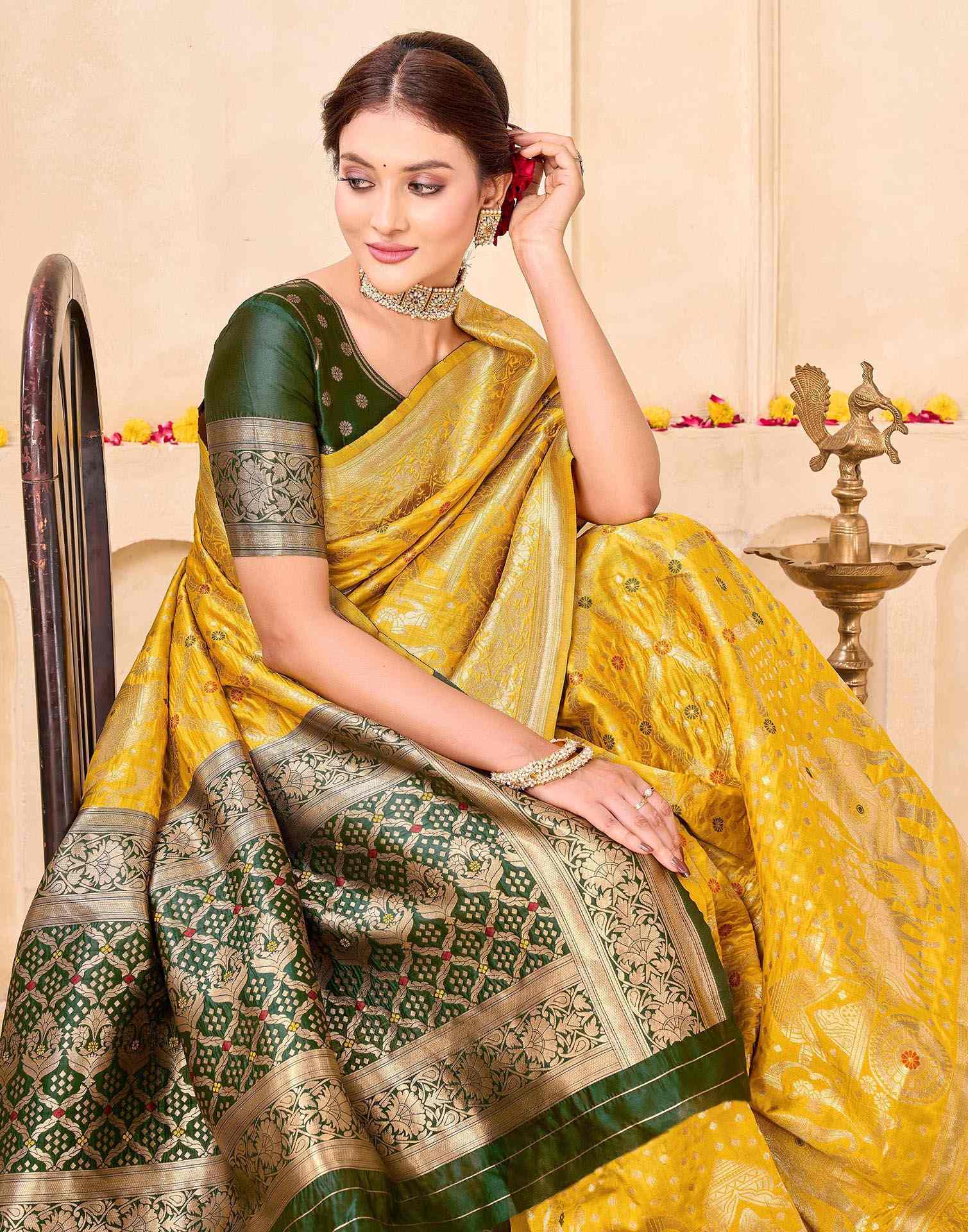 Royal Heritage Banarasi Silk Saree  - Golden Yellow with Green Zari Border