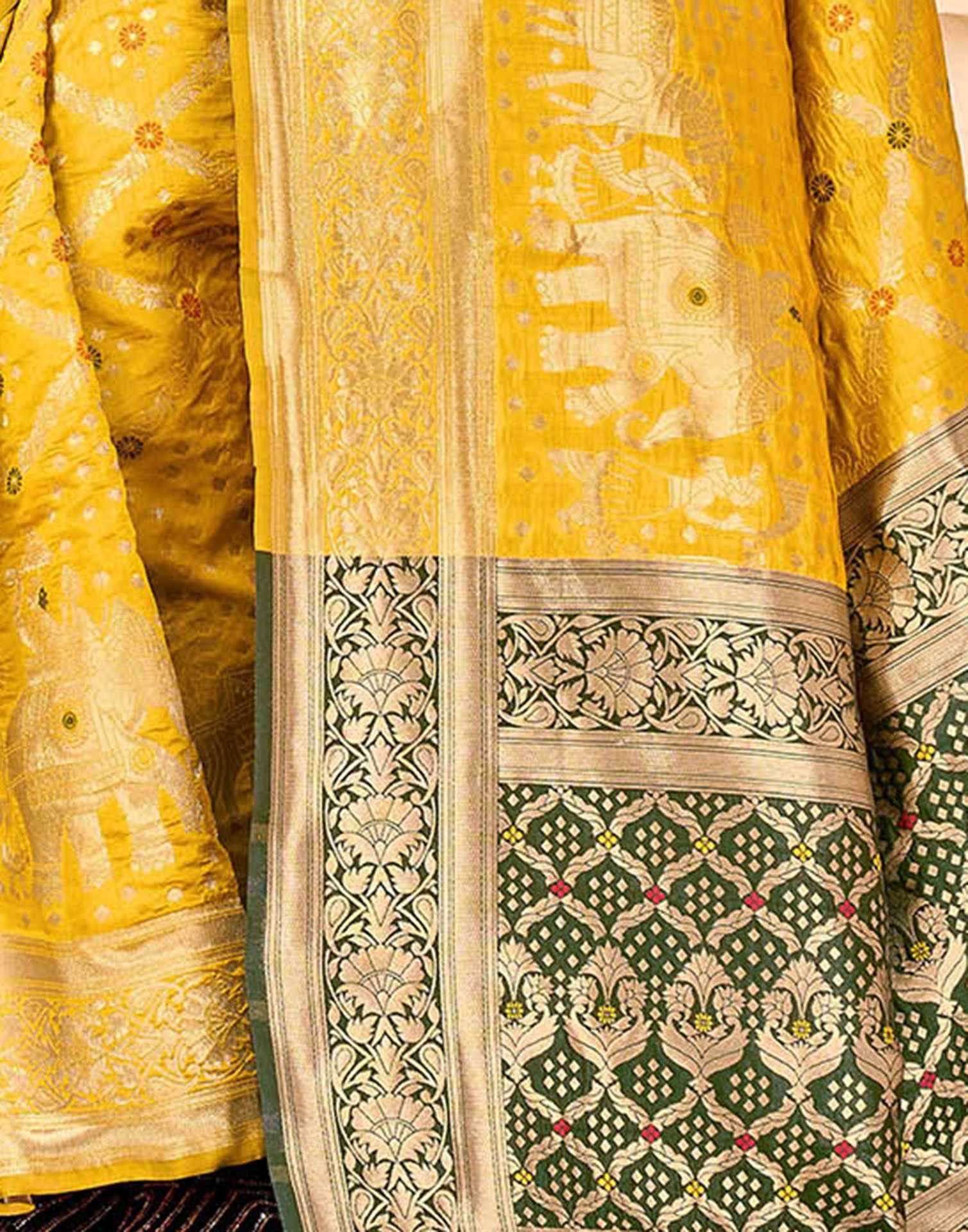 Royal Heritage Banarasi Silk Saree  - Golden Yellow with Green Zari Border