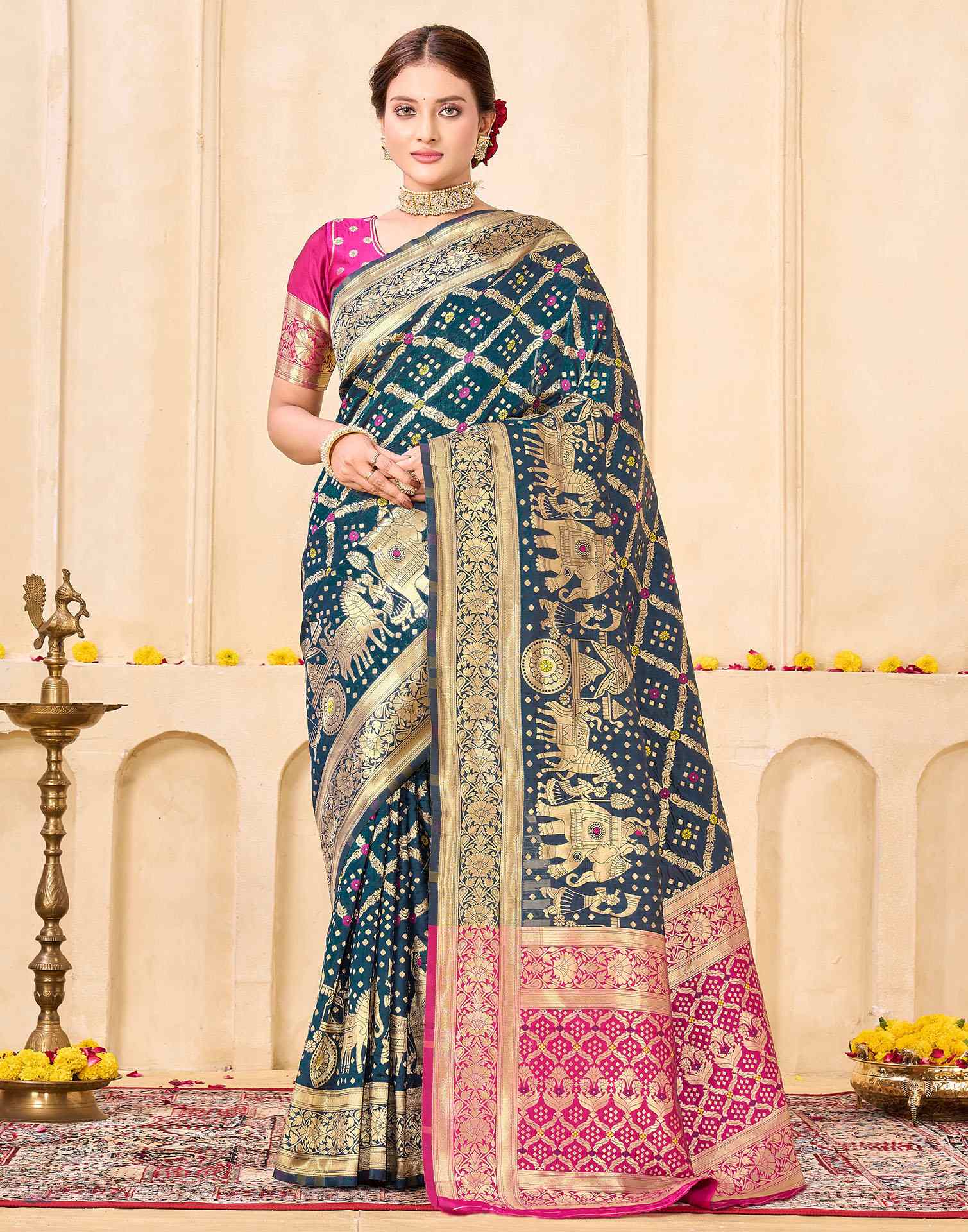 Royal Heritage Banarasi Silk Saree  - Teal Blue & Pink Banarasi Silk Saree