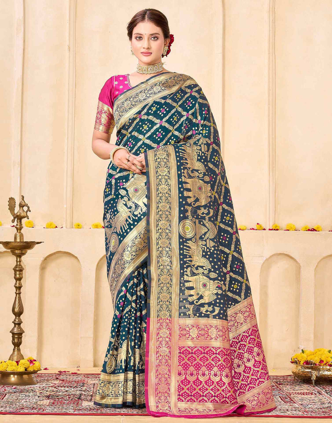 Royal Heritage Banarasi Silk Saree  - Teal Blue & Pink Banarasi Silk Saree