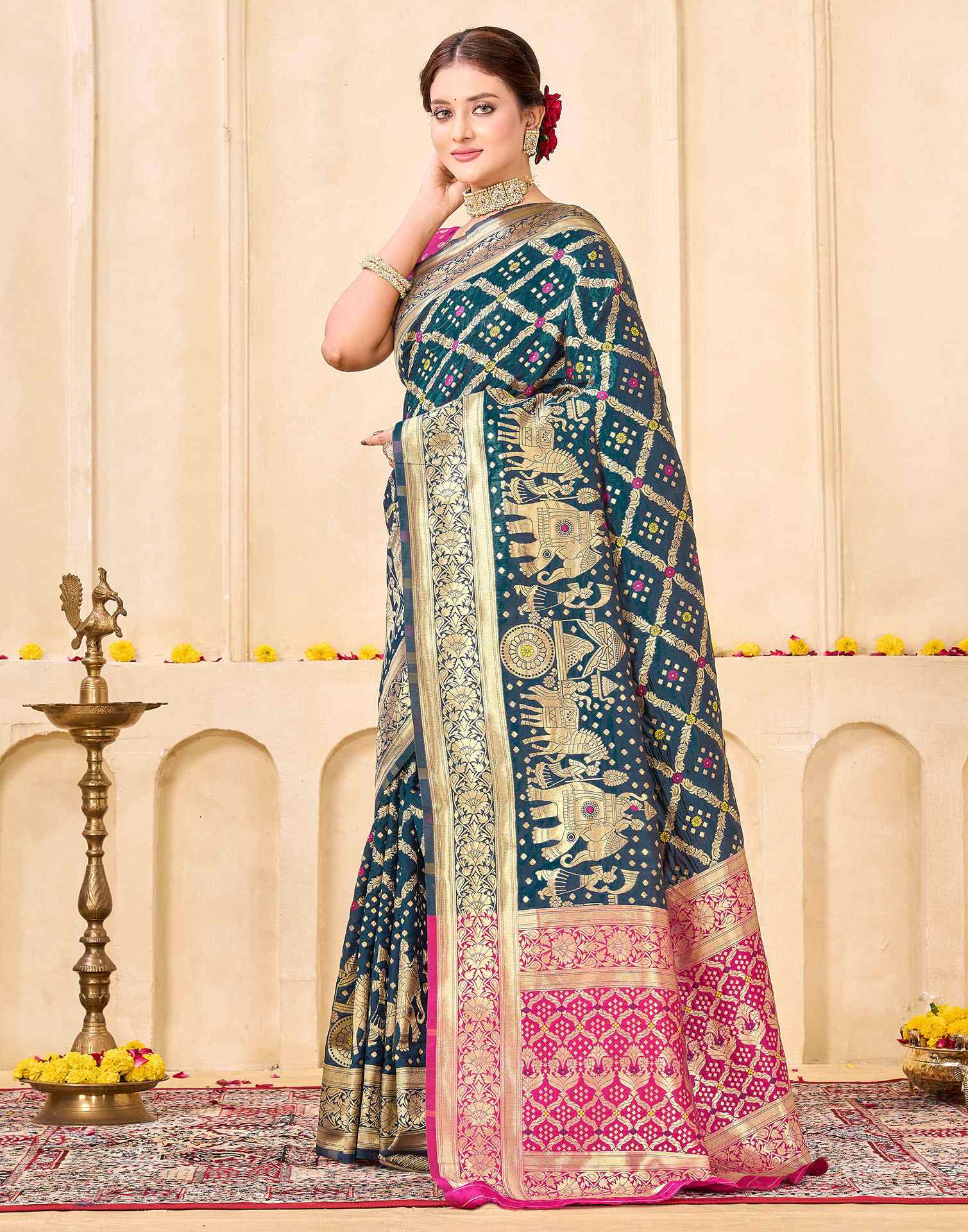 Royal Heritage Banarasi Silk Saree  - Teal Blue & Pink Banarasi Silk Saree