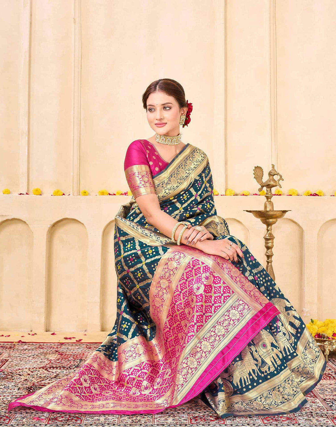 Royal Heritage Banarasi Silk Saree  - Teal Blue & Pink Banarasi Silk Saree
