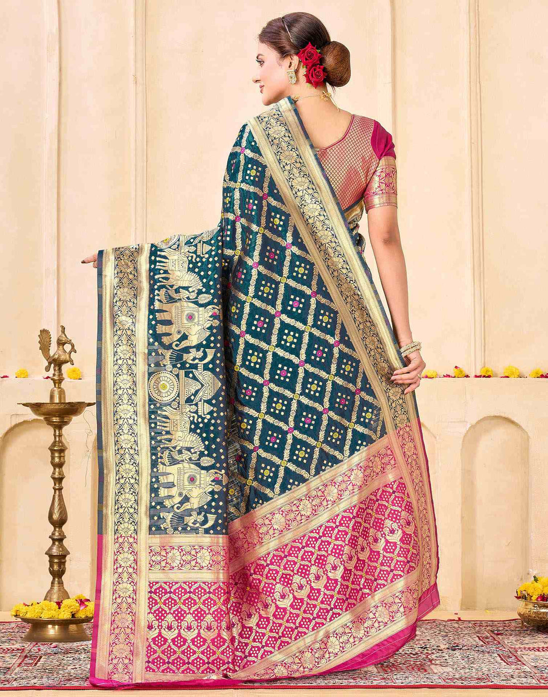 Royal Heritage Banarasi Silk Saree  - Teal Blue & Pink Banarasi Silk Saree