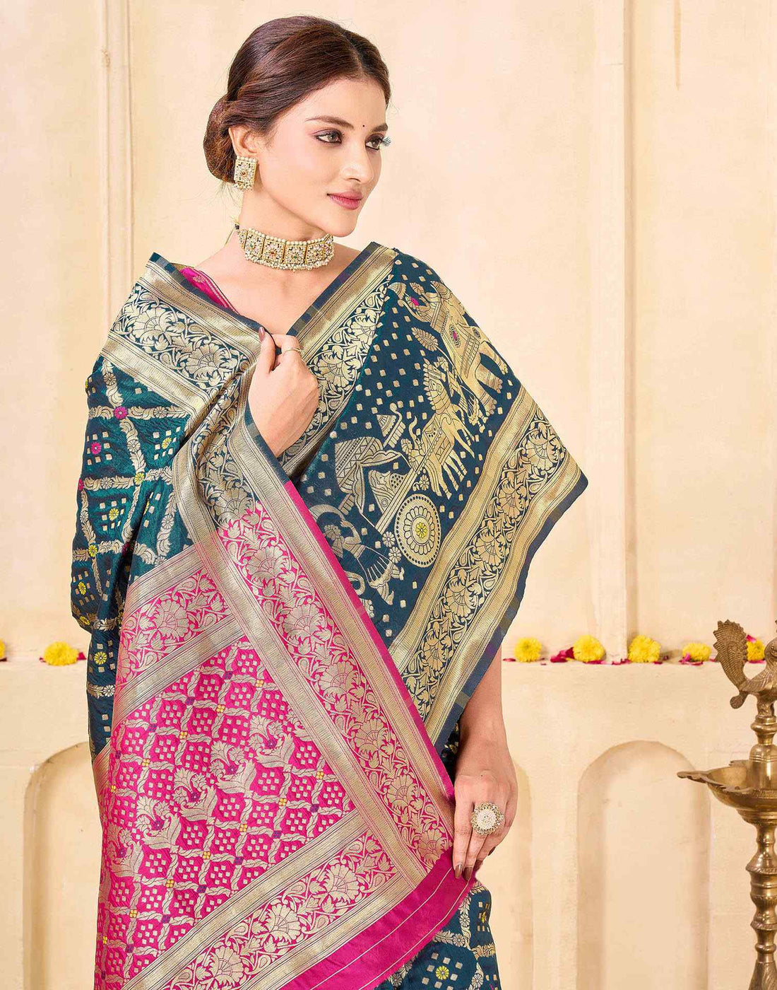 Royal Heritage Banarasi Silk Saree  - Teal Blue & Pink Banarasi Silk Saree