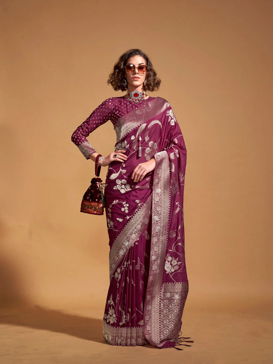 Regal Noir Banarasi Wine Silk Saree