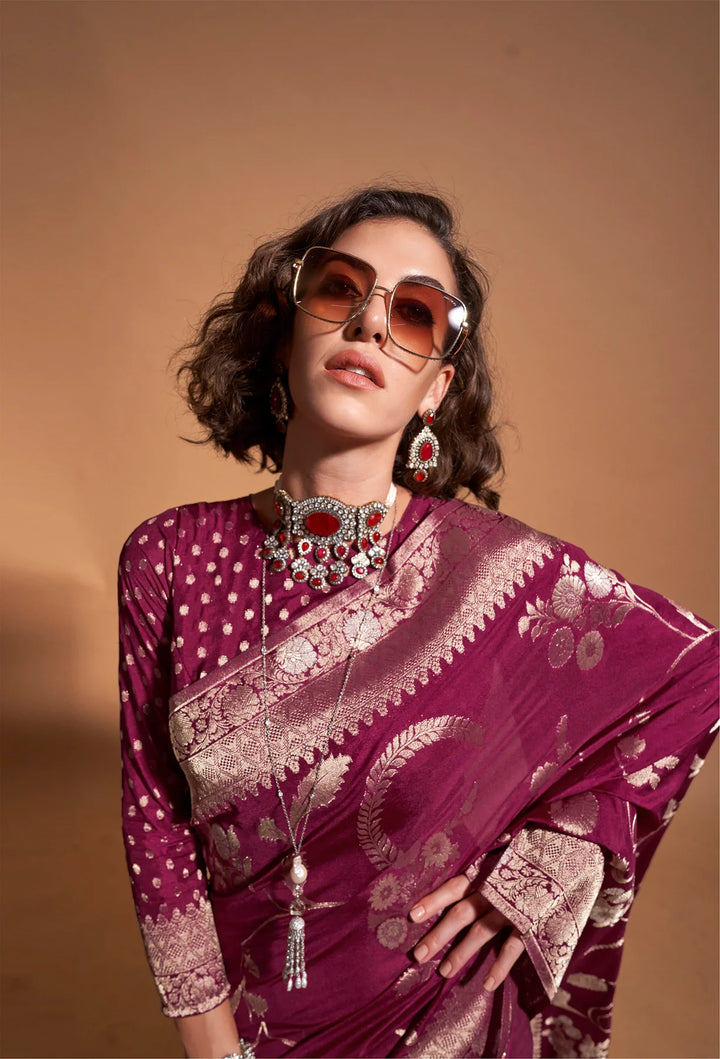 Regal Noir Banarasi Wine Silk Saree