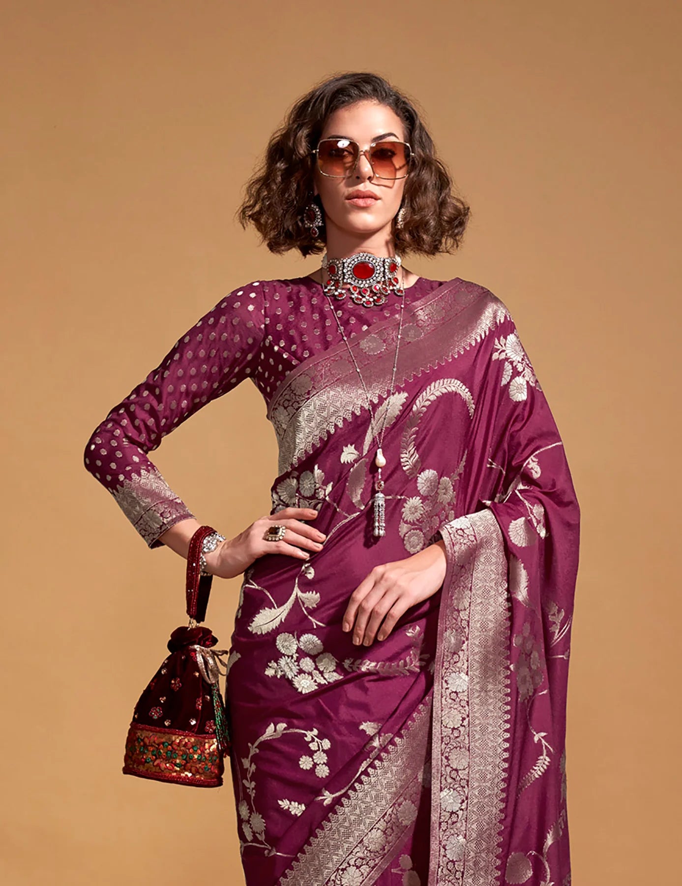 Regal Noir Banarasi Wine Silk Saree